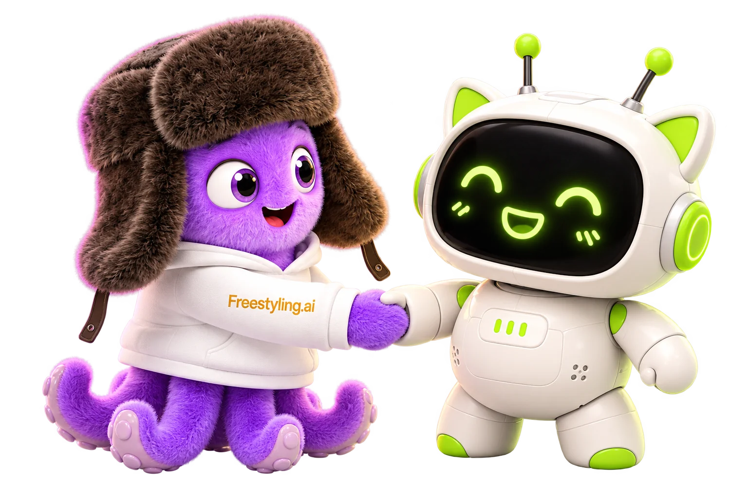 Фиолетовый осьминог Freestyling и робот Polza.ai пожимают друг другу руки